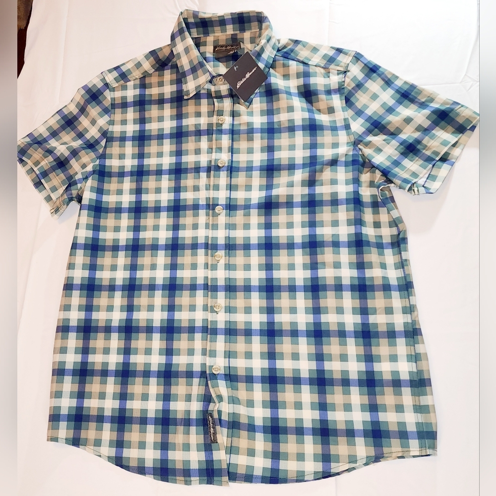 Eddie Bauer blue plaid button down short sleeve men's size medium